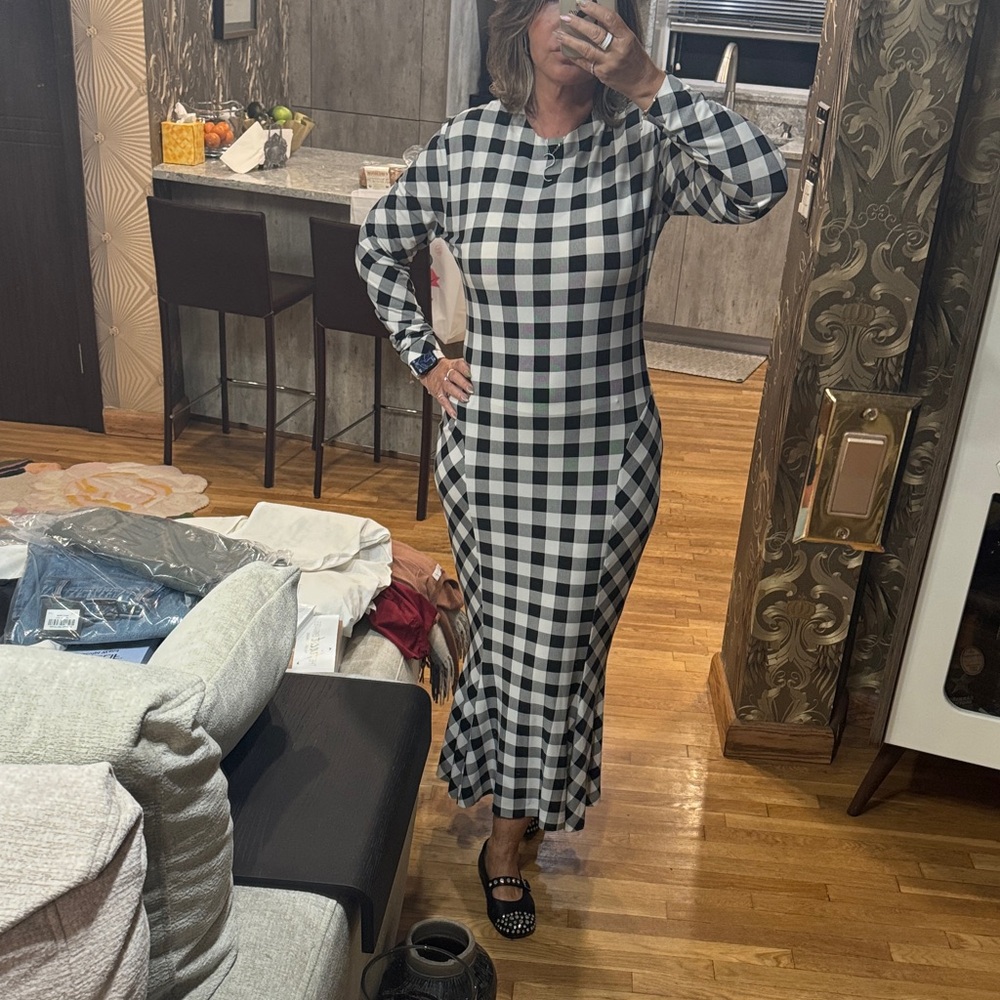 Norma Kamali Black and White Checkered Long Sleeve Fishtail Dress
